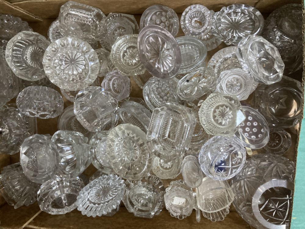 A large collection of glass salts and other items, including paperweights, animal figures, vases, dishes, etc.